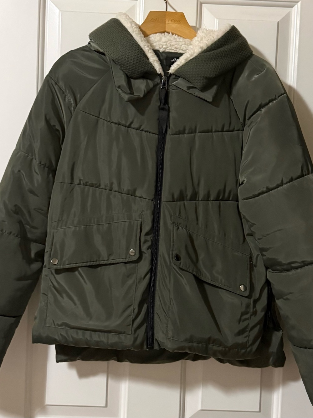Women's Olive Green Puffer Jacket with Sherpa Hood